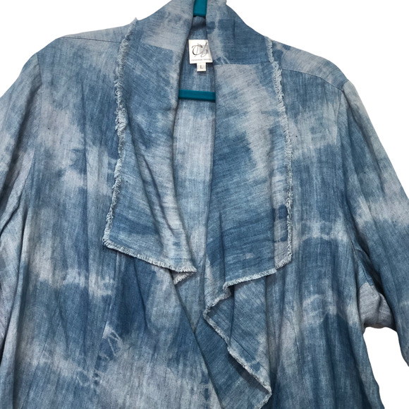 Catherine Bacon Sz L Indigo Shibori Dyed Jacket MOP Button Lagenlook 100% Linen - Picture 3 of 8